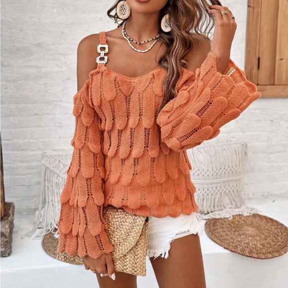 Cozy Boho Off Cold Shoulder Bell Flare Long Sleeve Pointelle Knit Sweater Top - Picture 10 of 13